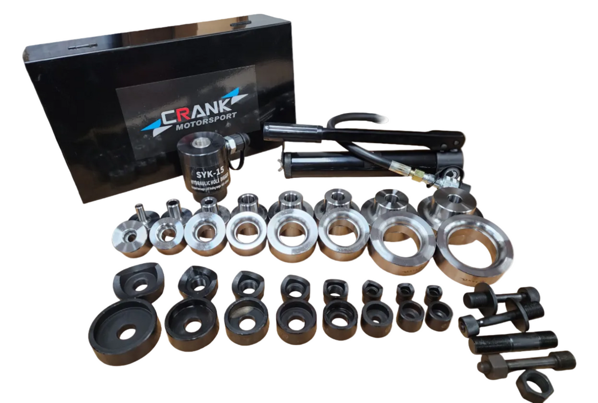 Crank Motorsport 36 Pcs Dimple Die + Hydraulic Hole Punch Kit, 16–63 mm Cut, 1/2–2.5" RADIUS Set